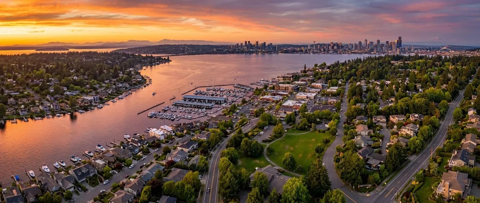 Aerial view of the Kirkland shoreline on Lake Washington at sunset.