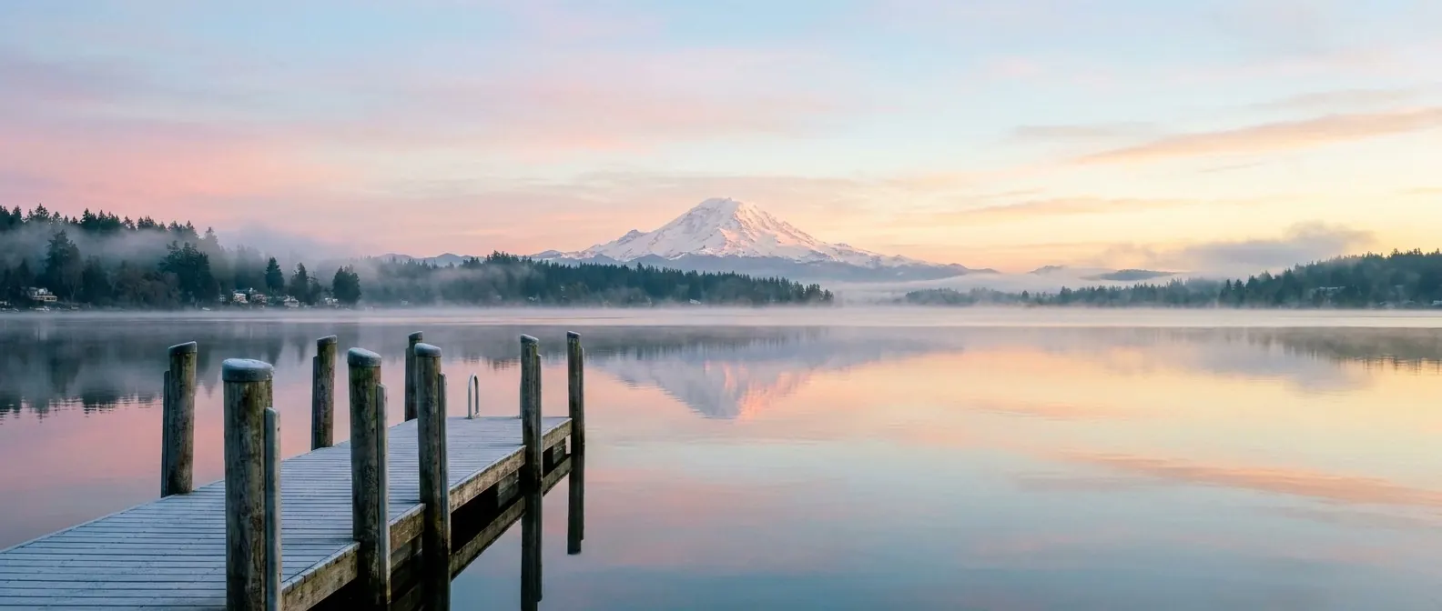 Kirkland waterfront with Lake Washington and Mount Rainier at dawn, framed as a premium Eastside hero image.